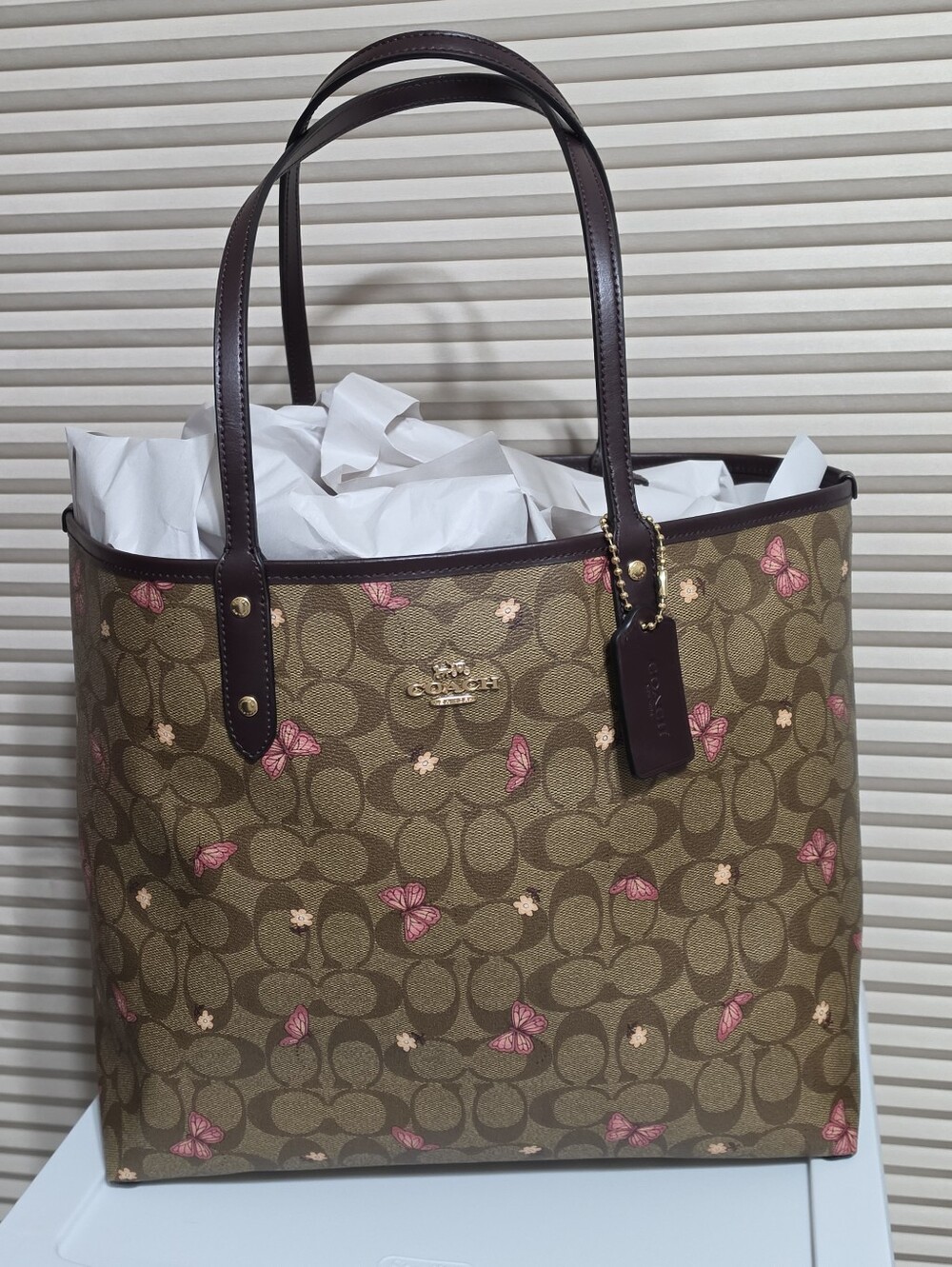 Coach Pink Butterfly Floral Reversible City Khaki Tote Bag Signature C 1461